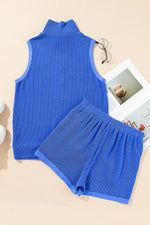 Load image into Gallery viewer, Sky Blue Corded Collared Half Zip Tank Top Two Piece Shorts Set - Fashion Queen - 12