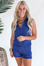 Load image into Gallery viewer, Sky Blue Corded Collared Half Zip Tank Top Two Piece Shorts Set - Fashion Queen - 9