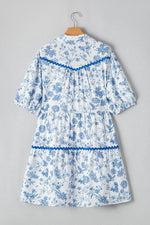 Load image into Gallery viewer, Sky Blue Floral Print Collared V Neck Ric-rac Trim Plus Size Mini Dress - Fashion Queen - 10