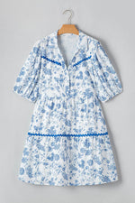 Load image into Gallery viewer, Sky Blue Floral Print Collared V Neck Ric-rac Trim Plus Size Mini Dress - Fashion Queen - 11