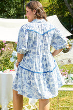 Load image into Gallery viewer, Sky Blue Floral Print Collared V Neck Ric-rac Trim Plus Size Mini Dress - Fashion Queen - 2