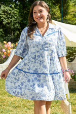 Load image into Gallery viewer, Sky Blue Floral Print Collared V Neck Ric-rac Trim Plus Size Mini Dress - Fashion Queen - 3