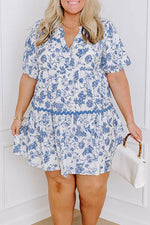 Load image into Gallery viewer, Sky Blue Floral Print Collared V Neck Ric-rac Trim Plus Size Mini Dress - Fashion Queen - 6