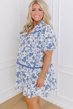 Load image into Gallery viewer, Sky Blue Floral Print Collared V Neck Ric-rac Trim Plus Size Mini Dress - Fashion Queen - 7