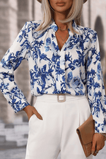 Load image into Gallery viewer, Sky Blue Floral Print Notched Neck Elegant Blouse - Fashion Queen - 1