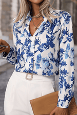 Load image into Gallery viewer, Sky Blue Floral Print Notched Neck Elegant Blouse - Fashion Queen - 4