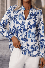 Load image into Gallery viewer, Sky Blue Floral Print Notched Neck Elegant Blouse - Fashion Queen - 5