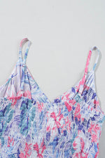 Load image into Gallery viewer, Sky Blue Floral Spaghetti Strap Surplice Neck Shirred Waist Mini Dress - Fashion Queen -  11