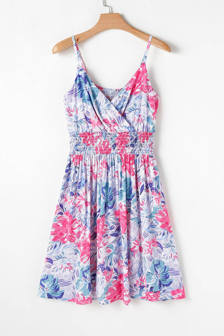 Sky Blue Floral Spaghetti Strap Surplice Neck Shirred Waist Mini Dress - Fashion Queen -  7