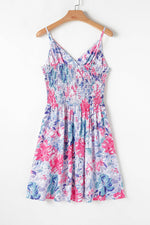 Load image into Gallery viewer, Sky Blue Floral Spaghetti Strap Surplice Neck Shirred Waist Mini Dress - Fashion Queen -  8