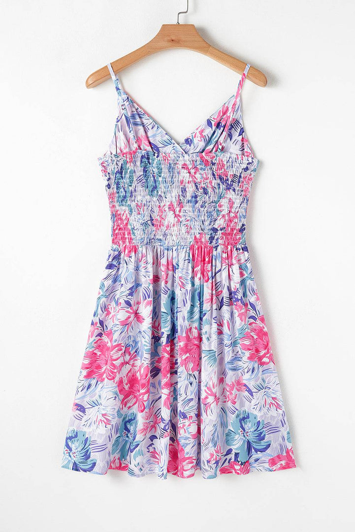 Sky Blue Floral Spaghetti Strap Surplice Neck Shirred Waist Mini Dress - Fashion Queen -  8