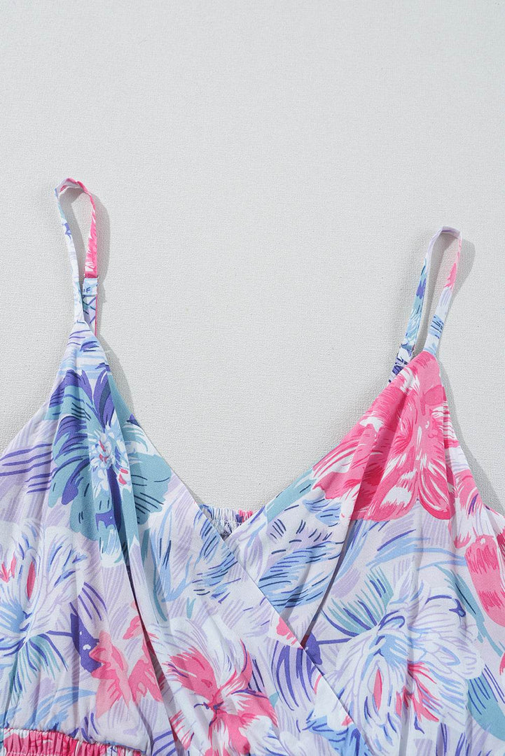 Sky Blue Floral Spaghetti Strap Surplice Neck Shirred Waist Mini Dress - Fashion Queen -  9