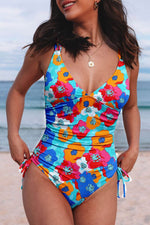 Load image into Gallery viewer, Sky Blue Orange Adjustable Straps Ribbed Knit One Piece Swimsuit - Fashion Queen - 16