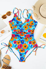 Load image into Gallery viewer, Sky Blue Orange Adjustable Straps Ribbed Knit One Piece Swimsuit - Fashion Queen - 17