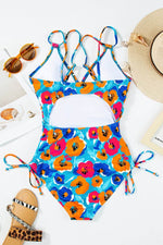 Load image into Gallery viewer, Sky Blue Orange Adjustable Straps Ribbed Knit One Piece Swimsuit - Fashion Queen - 18