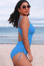 Load image into Gallery viewer, Sky Blue Orange Adjustable Straps Ribbed Knit One Piece Swimsuit - Fashion Queen - 3