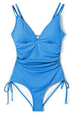 Load image into Gallery viewer, Sky Blue Orange Adjustable Straps Ribbed Knit One Piece Swimsuit - Fashion Queen - 6