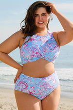 Load image into Gallery viewer, Sky Blue Plus Size Floral Print Twisted High Waist Bikini Set - Fashion Queen - 1