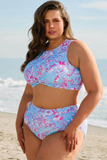 Load image into Gallery viewer, Sky Blue Plus Size Floral Print Twisted High Waist Bikini Set - Fashion Queen - 3