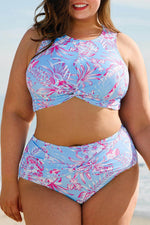 Load image into Gallery viewer, Sky Blue Plus Size Floral Print Twisted High Waist Bikini Set - Fashion Queen - 9