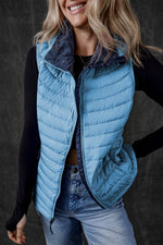Load image into Gallery viewer, Sky Blue Plush Collared Quilted Zipped Puffer Vest - Fashion Queen - 7