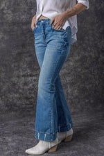 Load image into Gallery viewer, Sky Blue Slight Distressed Medium Wash Flare Jeans - Fashion Queen - 21