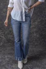 Load image into Gallery viewer, Sky Blue Slight Distressed Medium Wash Flare Jeans - Fashion Queen - 22