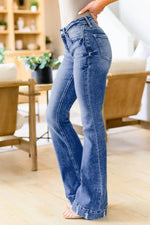 Load image into Gallery viewer, Sky Blue Slight Distressed Medium Wash Flare Jeans - Fashion Queen - 5