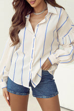Load image into Gallery viewer, Sky Blue Stripe Drop Shoulder Bubble Sleeve Loose Shirt - Fashion Queen - 12