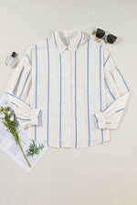 Load image into Gallery viewer, Sky Blue Stripe Drop Shoulder Bubble Sleeve Loose Shirt - Fashion Queen - 13