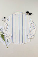 Load image into Gallery viewer, Sky Blue Stripe Drop Shoulder Bubble Sleeve Loose Shirt - Fashion Queen - 14