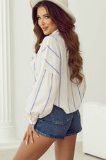 Load image into Gallery viewer, Sky Blue Stripe Drop Shoulder Bubble Sleeve Loose Shirt - Fashion Queen - 8