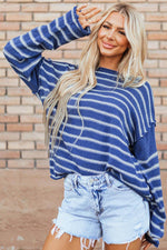 Load image into Gallery viewer, Sky Blue Stripe Drop Shoulder Casual Sweater - Fashion Queen - 1