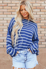 Load image into Gallery viewer, Sky Blue Stripe Drop Shoulder Casual Sweater - Fashion Queen - 18