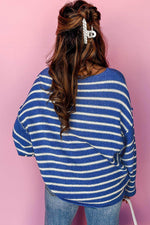 Load image into Gallery viewer, Sky Blue Stripe Drop Shoulder Casual Sweater - Fashion Queen - 25