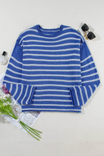 Load image into Gallery viewer, Sky Blue Stripe Drop Shoulder Casual Sweater - Fashion Queen - 27