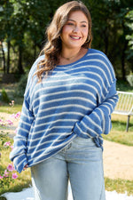 Load image into Gallery viewer, Sky Blue Stripe Drop Shoulder O Neck Plus Size Sweater - Fashion Queen - 1