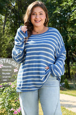 Load image into Gallery viewer, Sky Blue Stripe Drop Shoulder O Neck Plus Size Sweater - Fashion Queen - 3