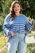 Load image into Gallery viewer, Sky Blue Stripe Drop Shoulder O Neck Plus Size Sweater - Fashion Queen - 4