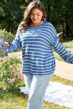 Load image into Gallery viewer, Sky Blue Stripe Drop Shoulder O Neck Plus Size Sweater - Fashion Queen - 5
