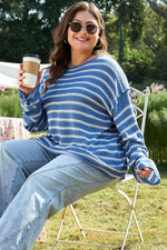 Load image into Gallery viewer, Sky Blue Stripe Drop Shoulder O Neck Plus Size Sweater - Fashion Queen - 6