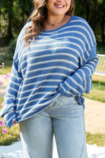 Load image into Gallery viewer, Sky Blue Stripe Drop Shoulder O Neck Plus Size Sweater - Fashion Queen - 7