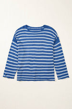 Load image into Gallery viewer, Sky Blue Stripe Drop Shoulder O Neck Plus Size Sweater - Fashion Queen - 8