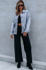 Load image into Gallery viewer, Sky Blue Stripe Washed Oversize Pocketed Denim Jacket - Fashion Queen - 7
