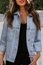Load image into Gallery viewer, Sky Blue Stripe Washed Oversize Pocketed Denim Jacket - Fashion Queen - 9