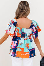 Load image into Gallery viewer, Sky Blue Tropical Printed Square Neck Flutter Sleeve Babydoll Blouse - Fashion Queen - 10
