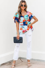 Load image into Gallery viewer, Sky Blue Tropical Printed Square Neck Flutter Sleeve Babydoll Blouse - Fashion Queen - 13