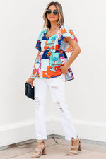 Load image into Gallery viewer, Sky Blue Tropical Printed Square Neck Flutter Sleeve Babydoll Blouse - Fashion Queen - 14