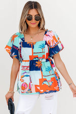Load image into Gallery viewer, Sky Blue Tropical Printed Square Neck Flutter Sleeve Babydoll Blouse - Fashion Queen - 15