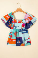 Load image into Gallery viewer, Sky Blue Tropical Printed Square Neck Flutter Sleeve Babydoll Blouse - Fashion Queen - 17